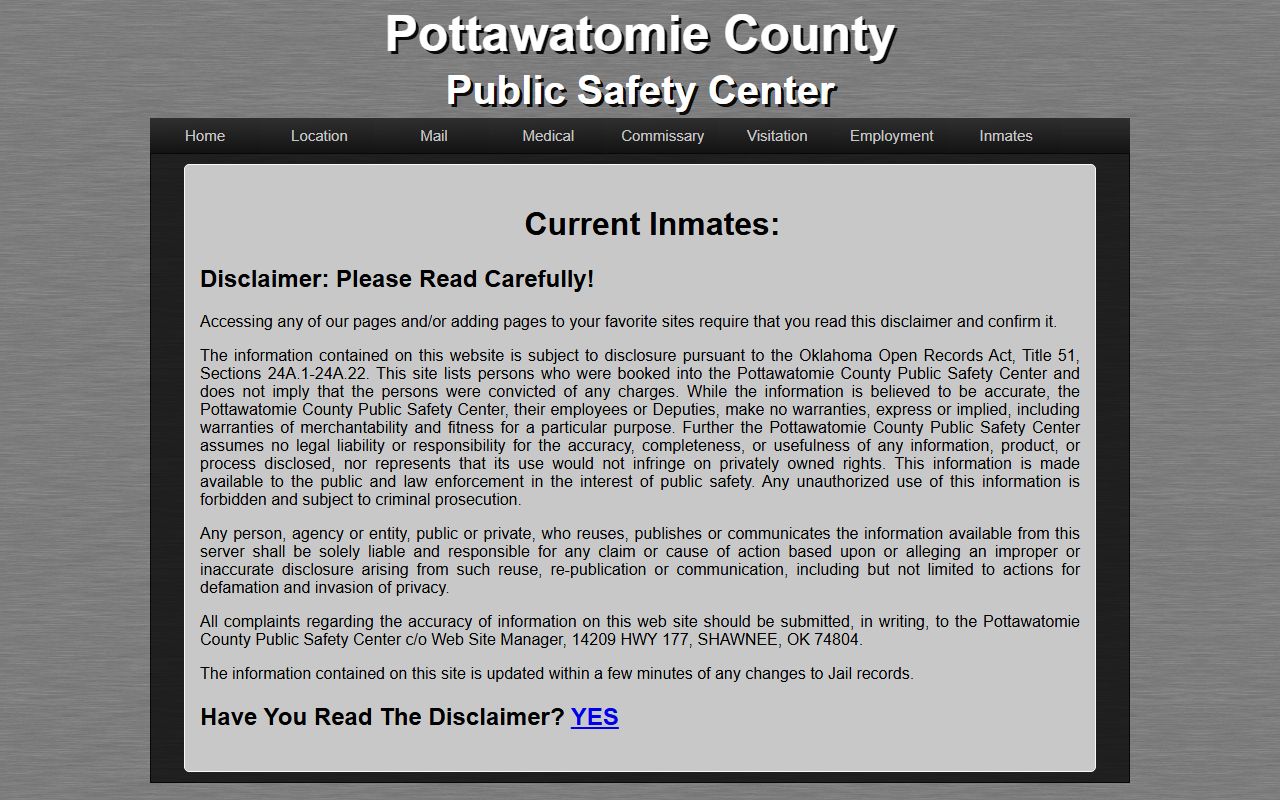 Pottawatomie County inmate roster disclaimer gateway